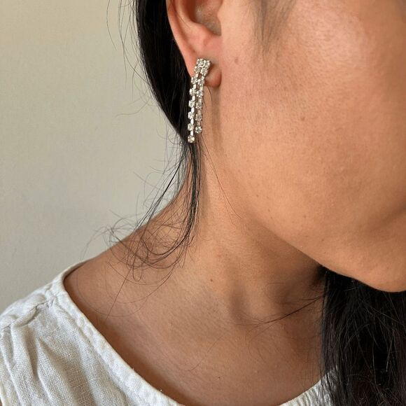 vtg 60s rhinestone pierced dangle earrings shiny delicate feminine romantic glam - Picture 4 of 7